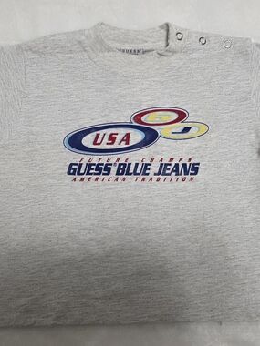 Vintage Baby GUESS Blue Jeans USA Graphic Heather Gray Tee 12m